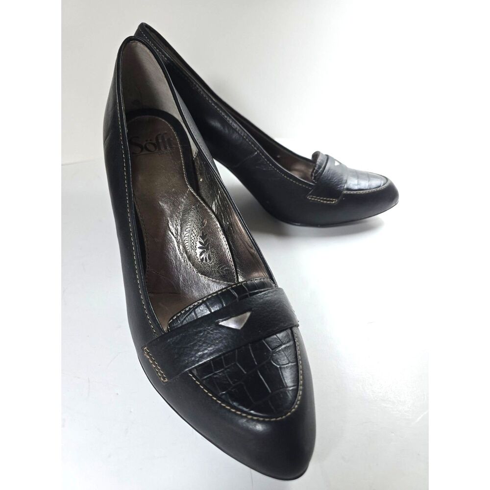 Söfft Black Loafer Pumps Stacked Heel Silver Coin Accent 9.5M Croc Embossed Toe